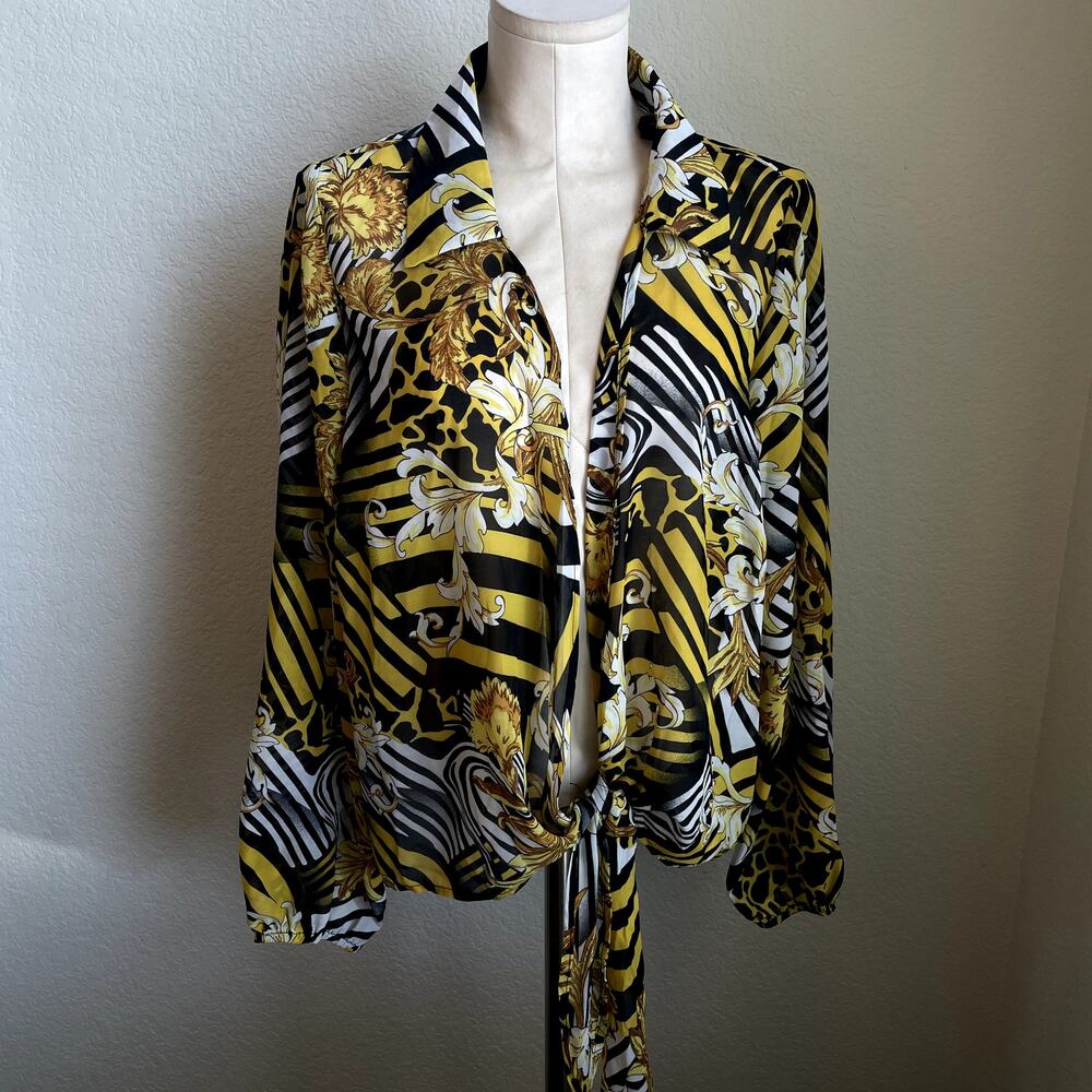 Love J yellow Black Baroque print chiffon sheer long sleeve blouse women plus 2X - Picture 2 of 8
